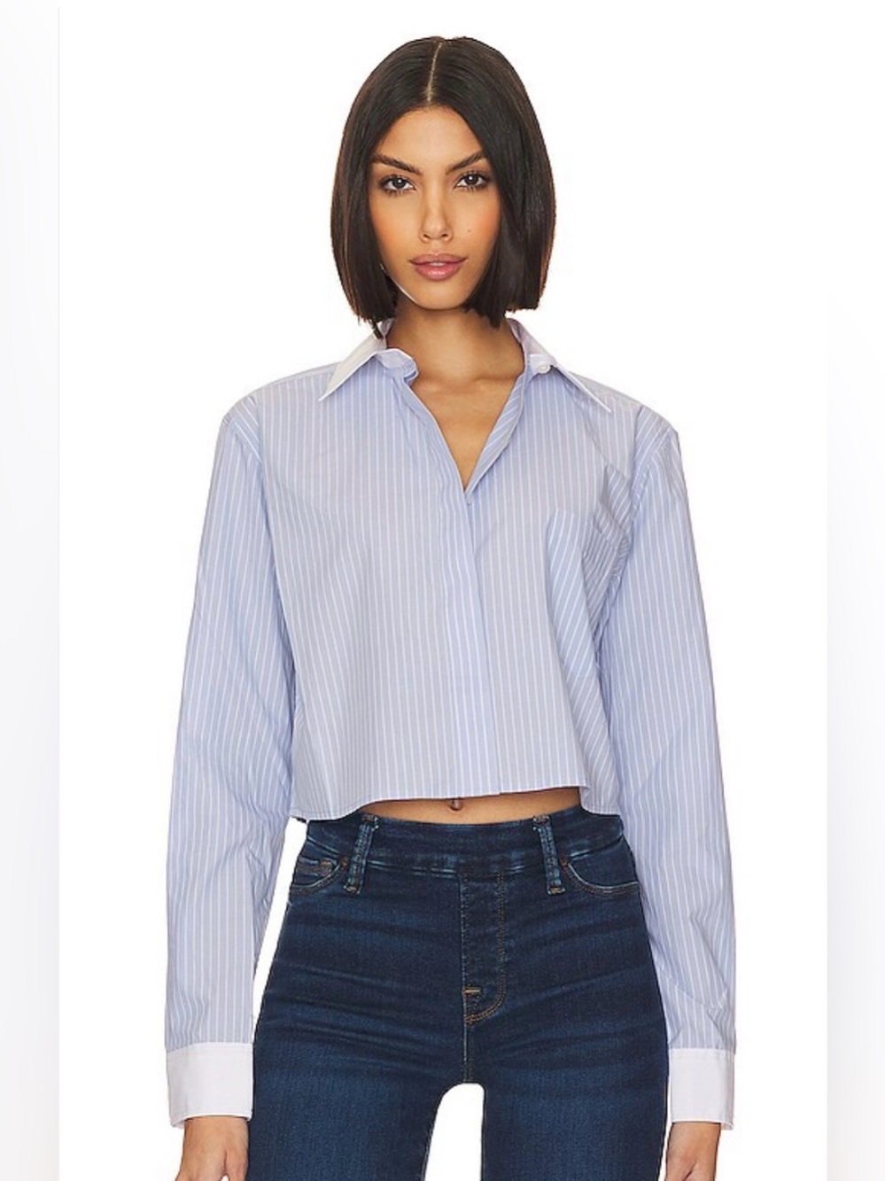 Good American Light Blue Pinstripe Cropped Button-Down Shirt